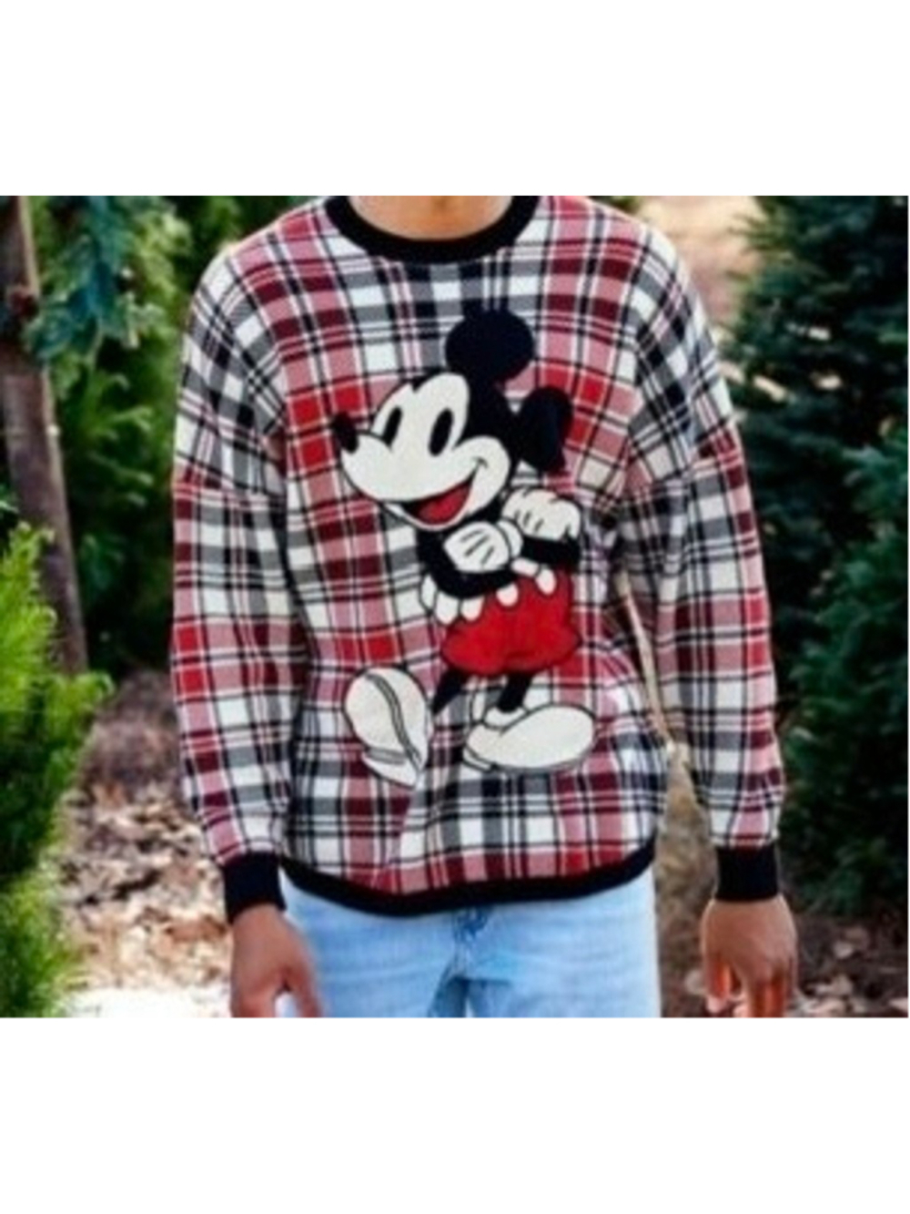 Disney Spirit Jersey Unisex S Red Black Plaid Mickey Mouse Knit Sweater